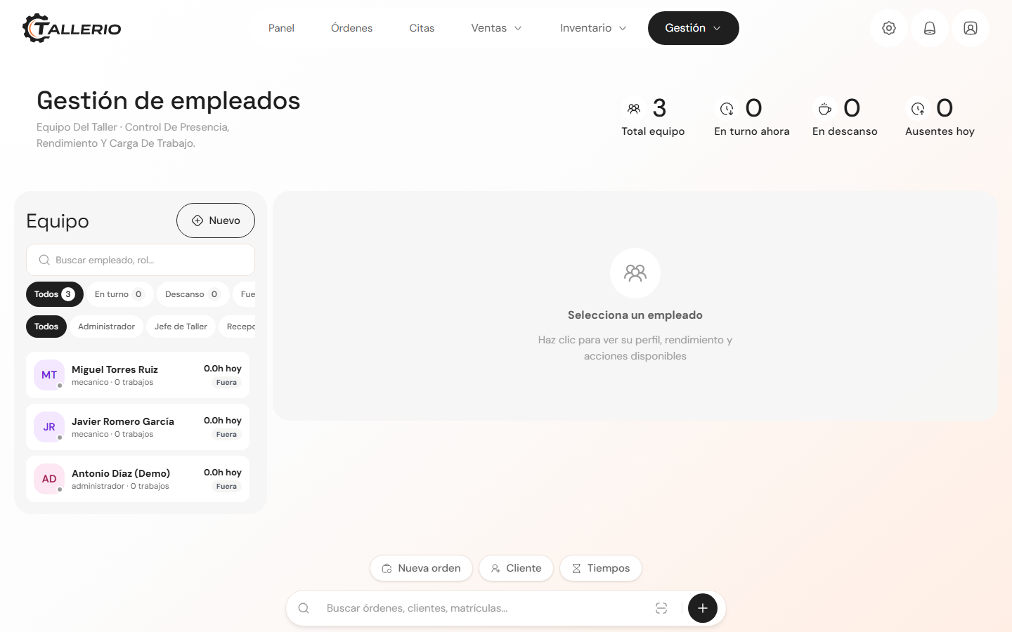 Pantalla de gestión de empleados