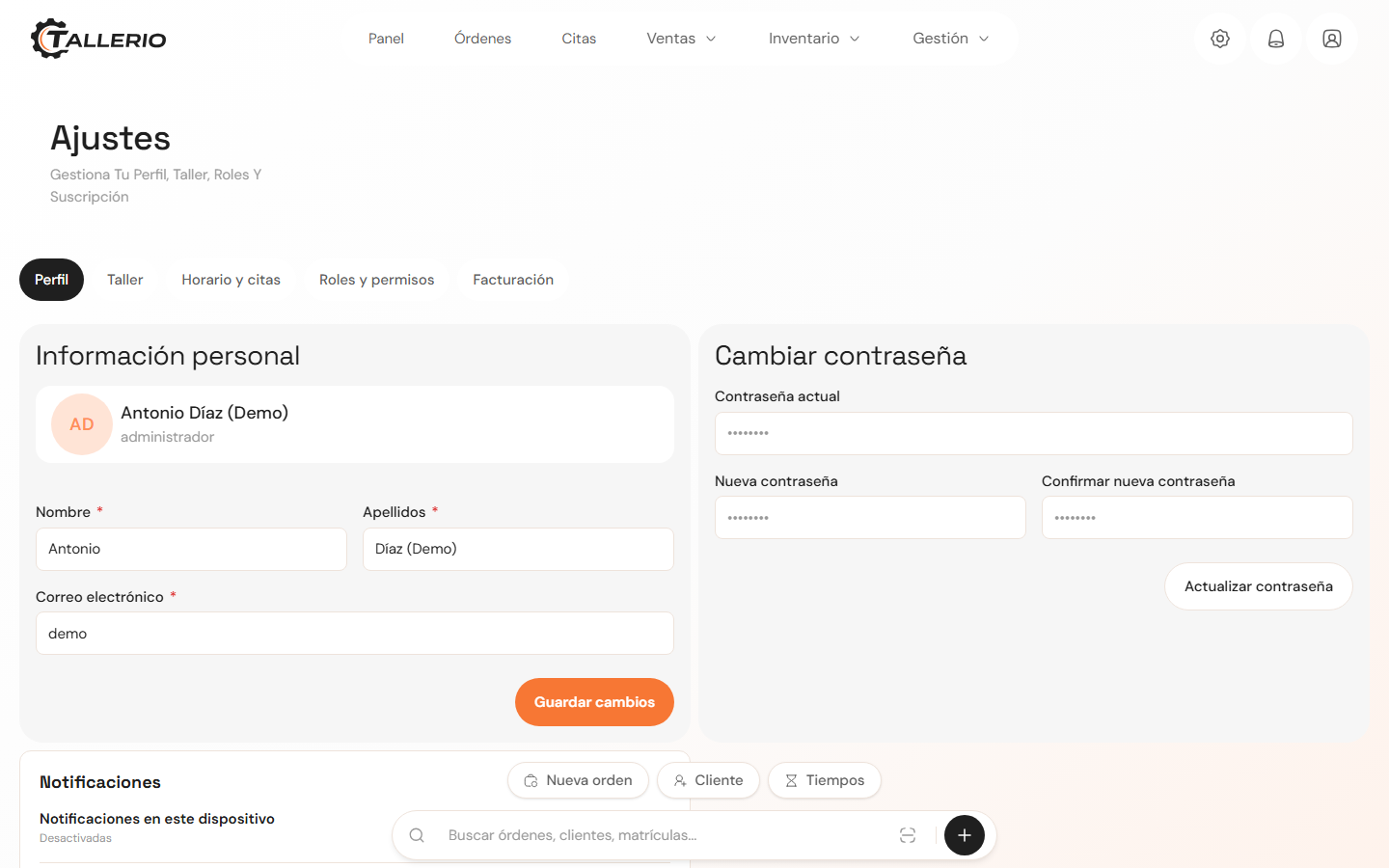 Pestañas de la página de Configuración