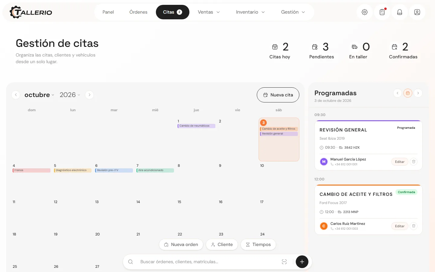 Agenda de citas de Tallerio con el calendario del mes y las citas programadas del día